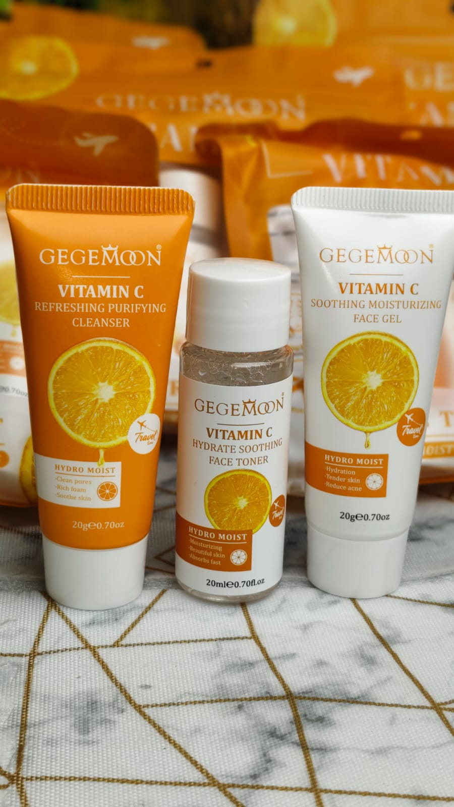 GEGEMOON Vitamin C 3-in-1 Skincare Travel Set – Cleanser, Toner & Face Gel
